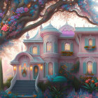 Whimsical palace in blooming garden with vibrant flowers and majestic trees