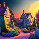 Whimsical illustration of cozy houses in lush, sunset setting