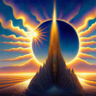 Surreal landscape with radiant sun and towering structure in celestial setting