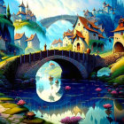 Colorful cottages, stone bridge, and whimsical castles in vibrant fantasy landscape