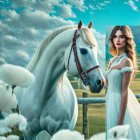 Woman in white dress with white horse in daisy field under dramatic sky