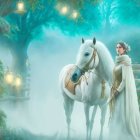 Elegant woman with white horse in misty forest scene