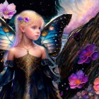 Young fairy with butterfly wings in vibrant floral scene