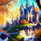 Gothic-style church in autumn setting with reflection in pond