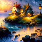 Tranquil coastal village painting at dusk with glowing cottages and sunset