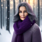 Gray-haired woman in purple scarf in snowy forest with soft glowing lights