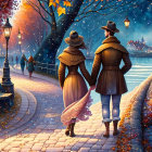 Romantic autumnal scene: couple walking on cobblestone path by castle.