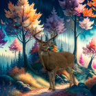 Majestic stag in autumn forest with mystical blue haze