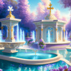 Digital artwork: Magical garden with fountains, colorful flora, water features, and twilight sky.