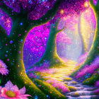 Enchanted forest with purple and pink hues and glowing flora