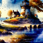 Scenic image of lighthouse, islet, cottages, bridge, boats, and autumn leaves