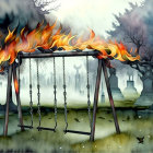 Burning swing set in graveyard with tombstones and misty trees