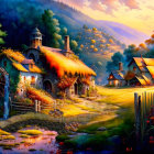 Enchanting village scene with cozy cottages and flowers at sunset