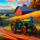 Vintage Green Tractor in Autumn Farm Scene with Red Barn
