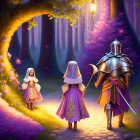 Medieval knight and cloaked figure in enchanted forest scene