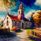 Quaint church with clock tower in autumn setting