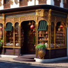 Vintage Bookstore Facade with Gold Trim and Intricate Details