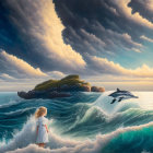 Young girl in white dress gazes at island under dramatic sky