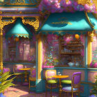 Cosmic-themed cafe corner with stars, galaxies, gold, purple hues, and floral decor.