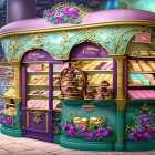 Vintage Bakery Stall with Gold and Purple Decor Displaying Bread and Confections