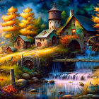 Watermill Scene with Waterfalls, Autumn Trees, Stone Cottages, Warm Light