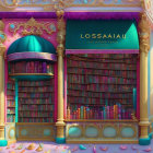 Fantasy Bookstore Facade with Purple, Gold Details & Book-Filled Shelves