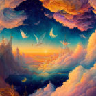 Fantastical landscape with floating palaces and vibrant clouds