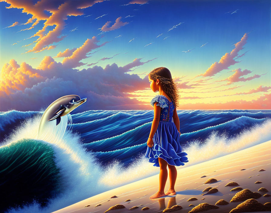 Young girl in blue dress watches dolphin on beach at sunset