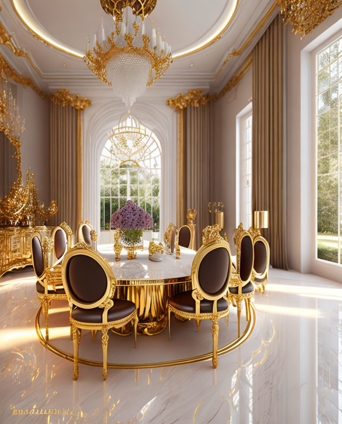 Luxurious Dining Room with Gold and Marble Theme