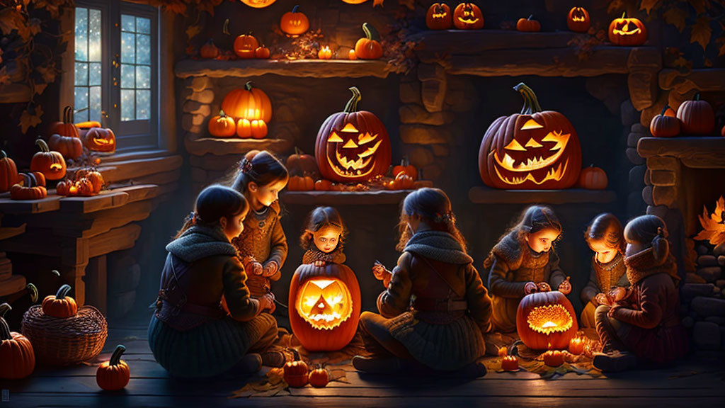 Kids carving pumpkins in Halloween-themed room with candlelight