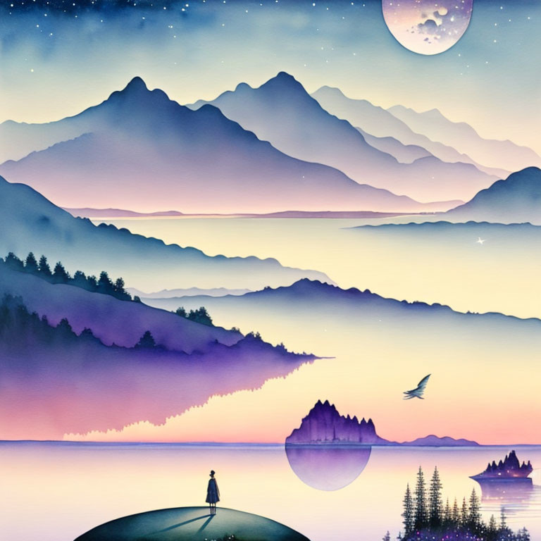 Person admiring purple mountains, serene lake, misty forest under starry sky.