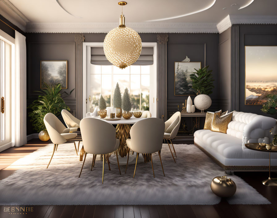 Modern chandelier in elegant dining and living room with white chairs, gold accents, and forest view.