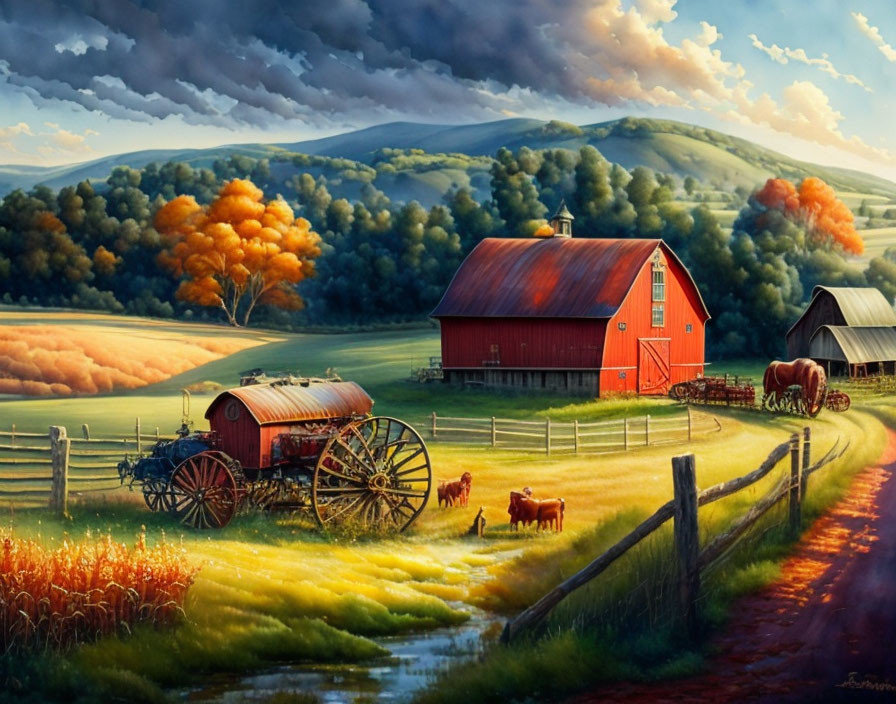 Rural farm landscape with barn, horses, cattle, hay wagon, and sunset sky