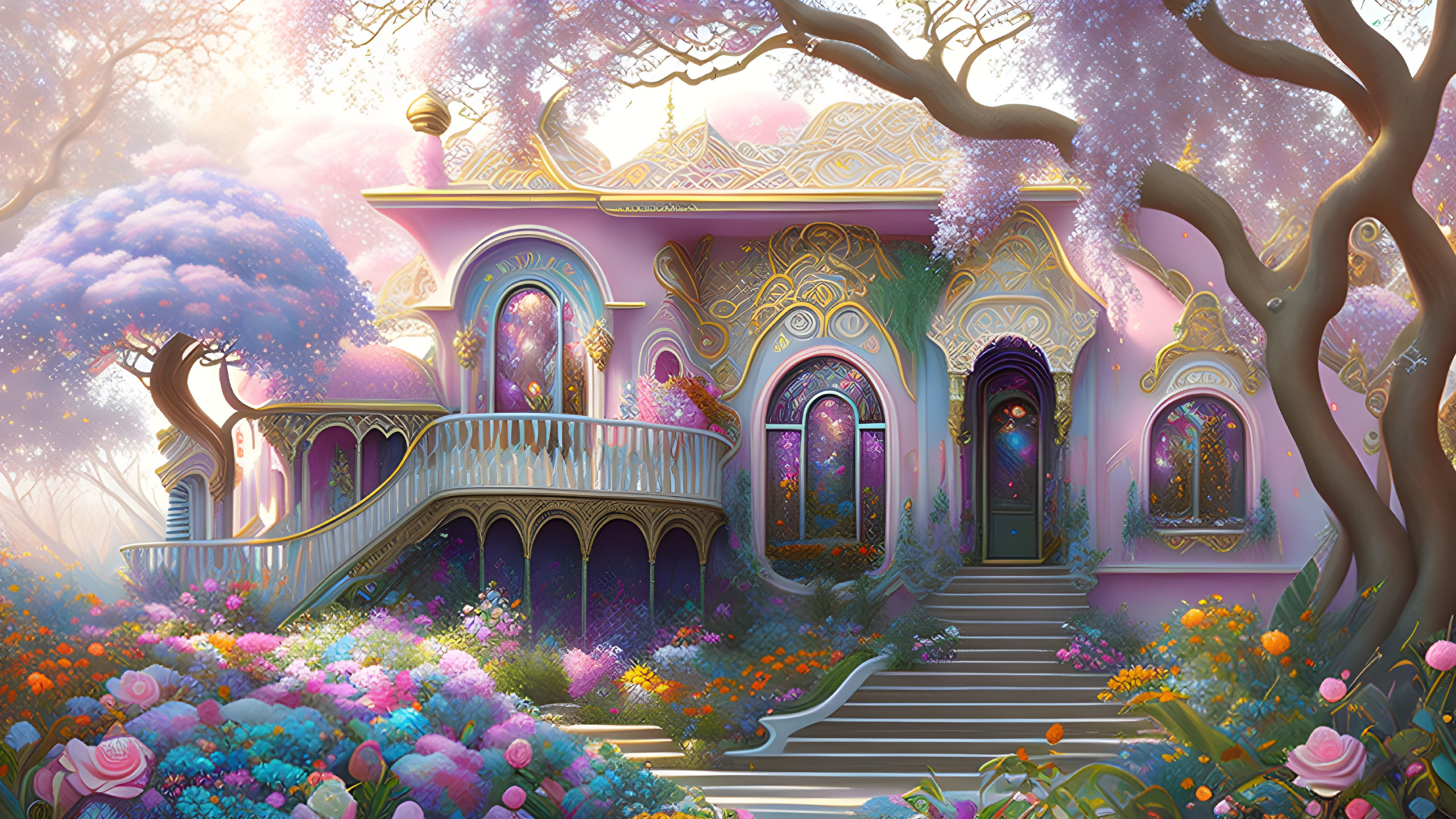 Fantasy house with golden details in purple forest