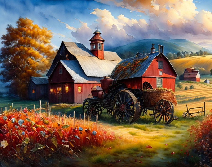 Scenic farm landscape with red barn, lighthouse, old wagon, and vibrant flowers.