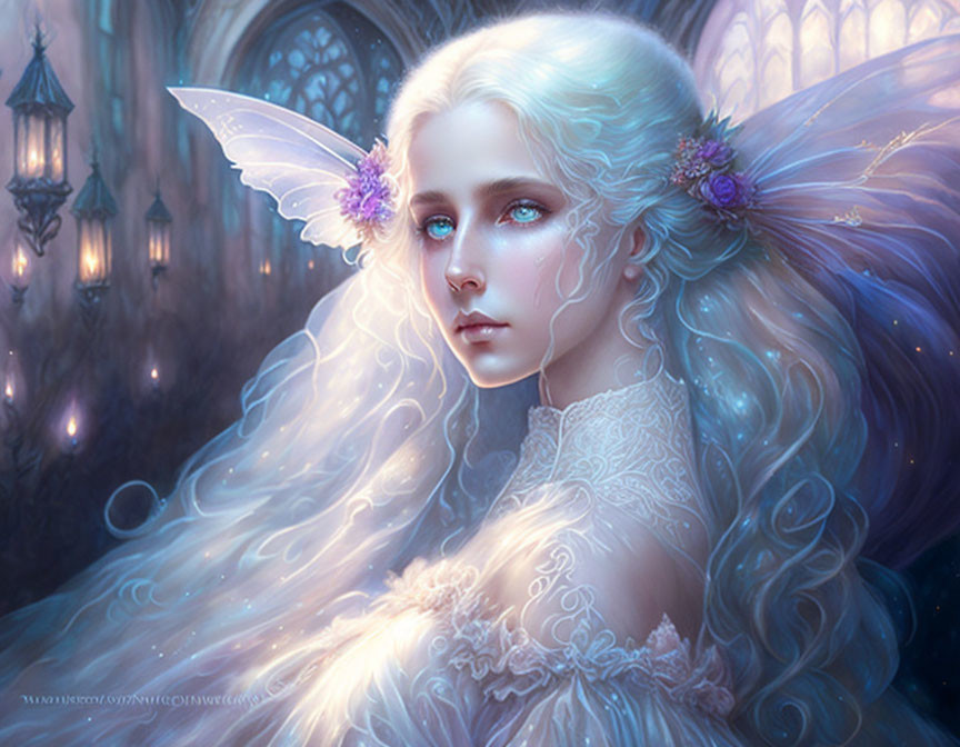 Fair-haired fairy with iridescent wings in mystical setting.