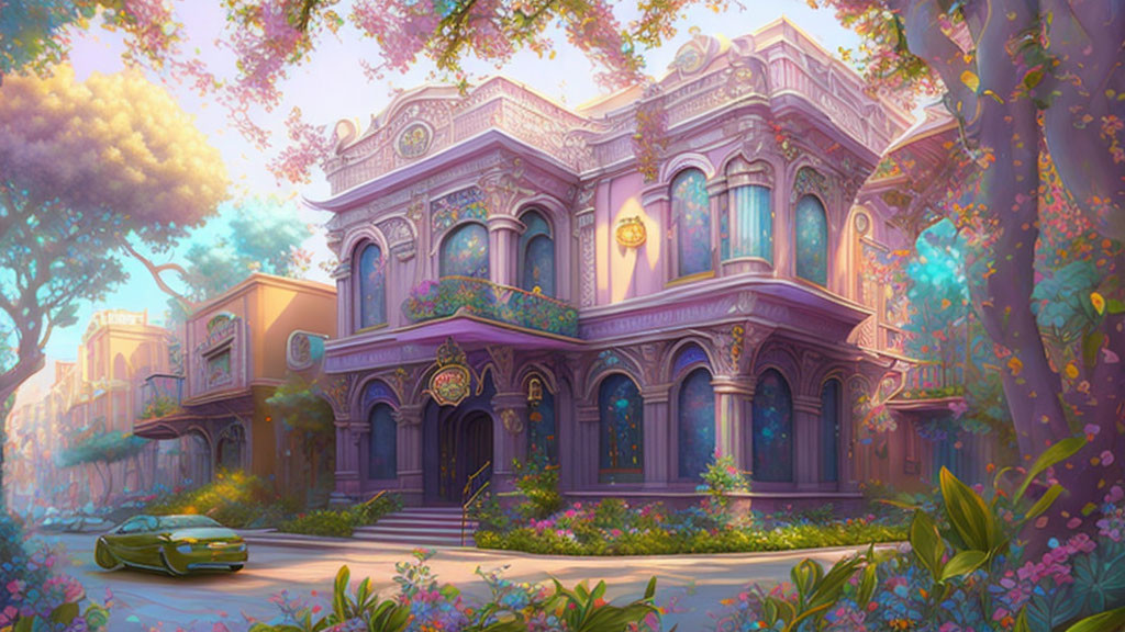 Detailed purple mansion illustration with lush flora under pink sky