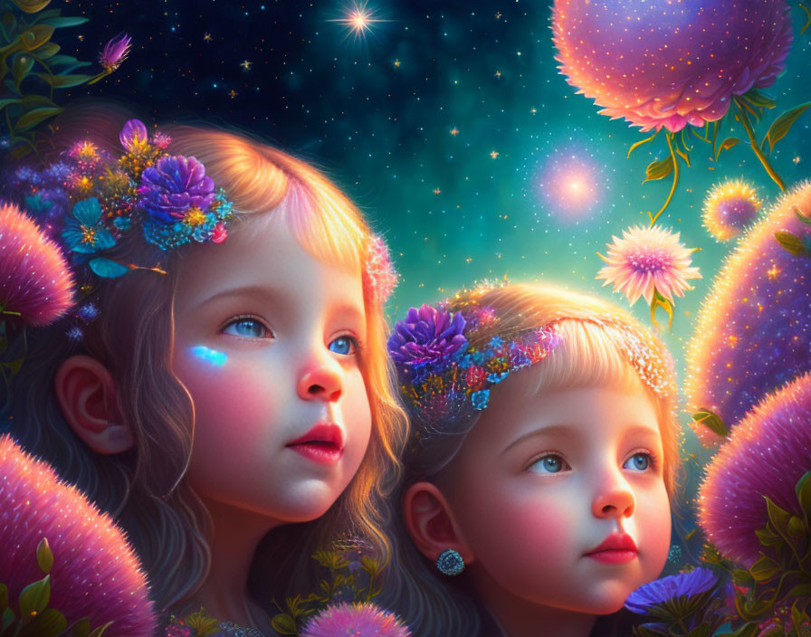 Two girls wearing flower crowns under a starry sky with glowing flowers.