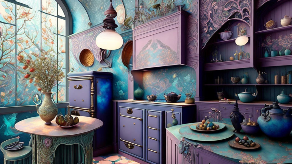 Colorful Whimsical Room with Purple Cabinets and Globe Pendant Lights