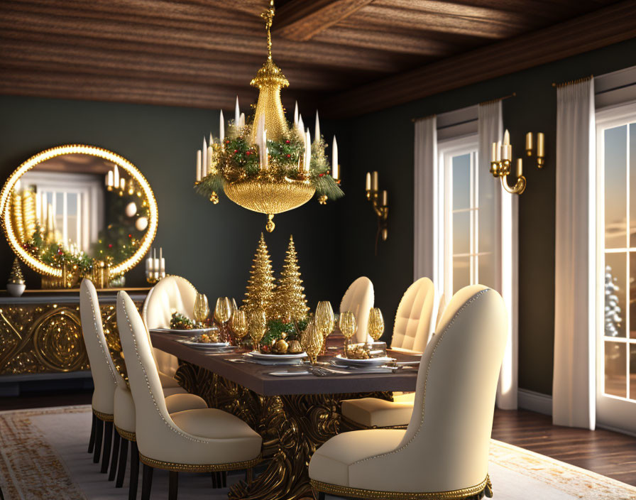 Luxurious Christmas dining room decor with lavish table setting and ornate gold chandelier