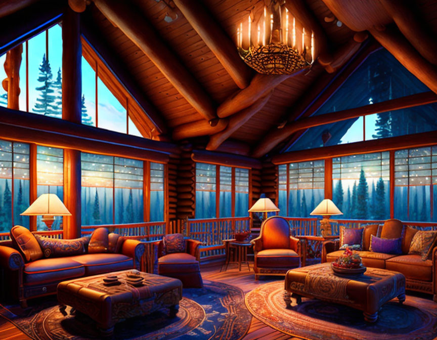 Cozy log cabin interior with plush sofas and forest view