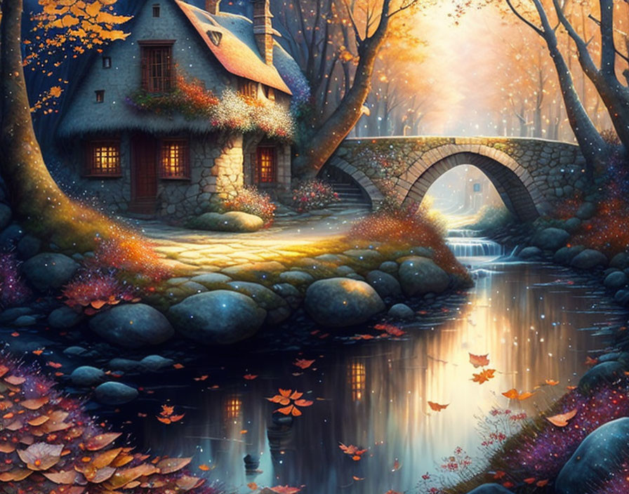 Enchanting cottage with ivy in autumn forest with stone bridge and serene stream.