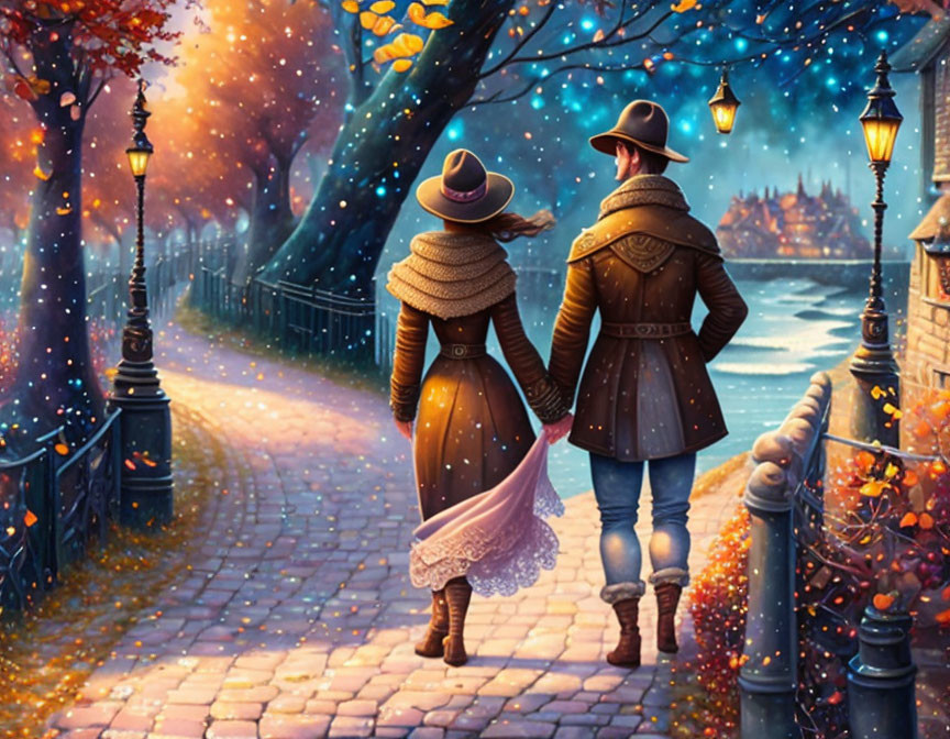 Romantic autumnal scene: couple walking on cobblestone path by castle.