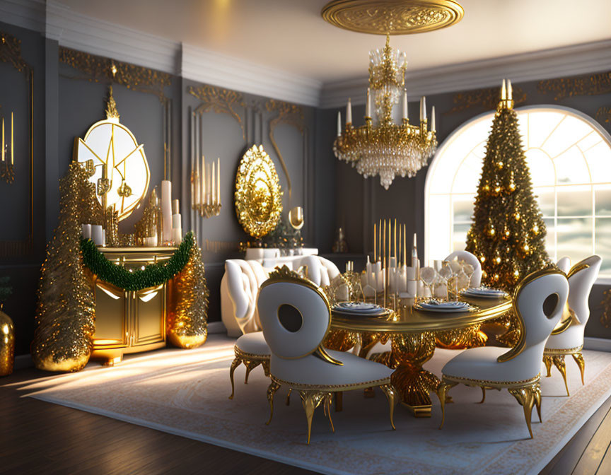 Luxurious Christmas-themed dining room with golden table, white chairs, and sparkling chandeliers