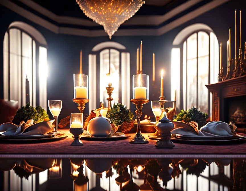 Luxurious dinner table setting with candles, fine china, feast, fireplace, and chandelier