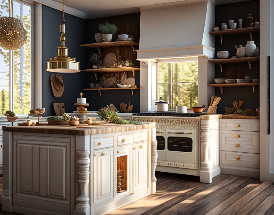 Luxurious Classic Kitchen with White Cabinets & Vintage Stove