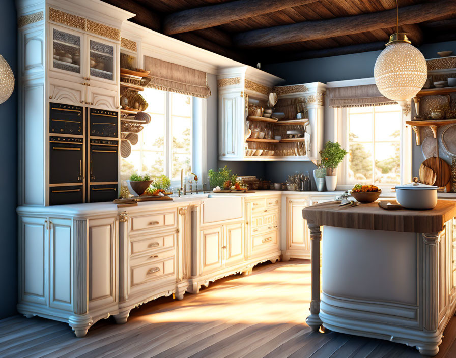 Modern kitchen with white cabinetry, black appliances, wooden floors, central island, and spherical lights