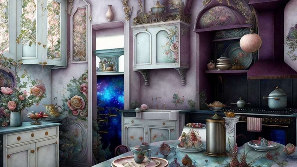 Vintage Kitchen with Pastel Colors, Floral Patterns, and Galaxy View