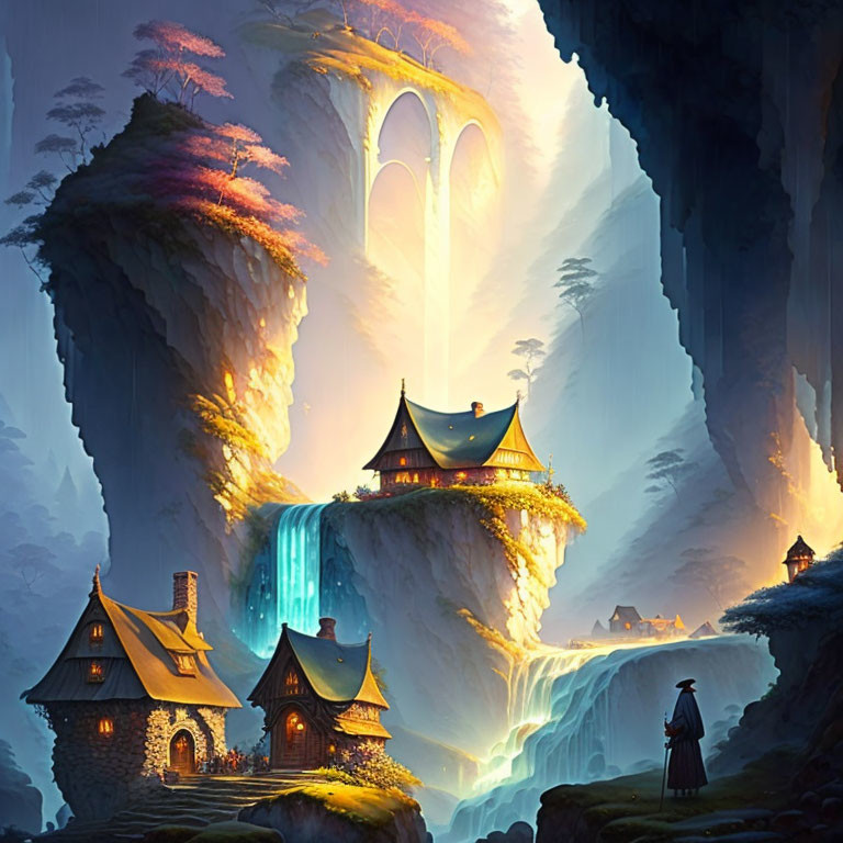 Mystical valley with waterfalls, Asian buildings, and robed figure