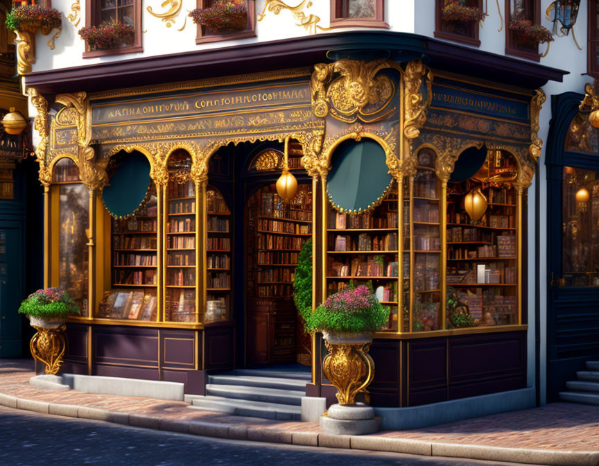 Vintage Bookstore Facade with Gold Trim and Intricate Details